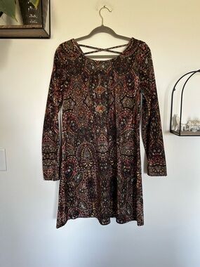 Earthbound Crushed Velvet Paisley Print Long Sleeve Crisscross Back Mini Dress L